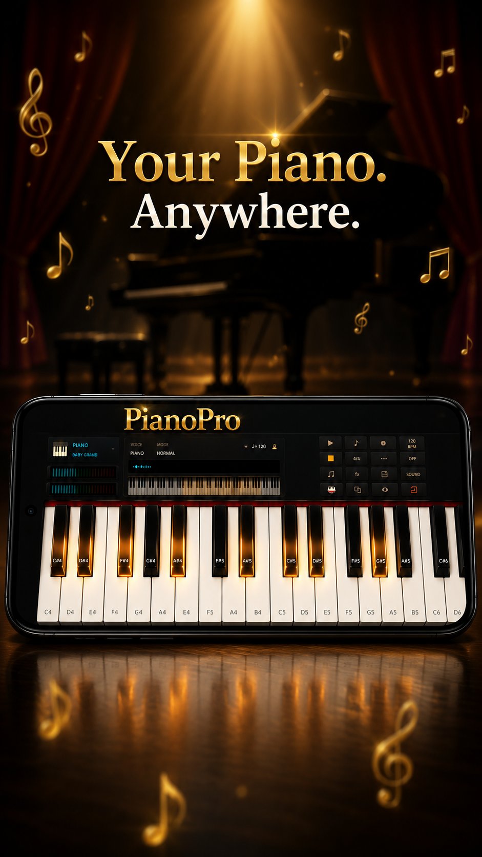 PianoPro app running on an Android phone, on a concert stage backdrop